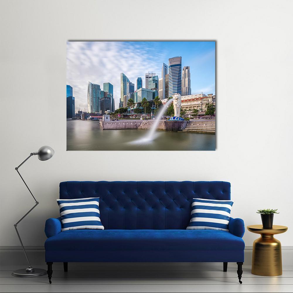Singapore Skyline at Merlion Bay Canvas Wall Art in white, gray and blue, single panel hung on a wall