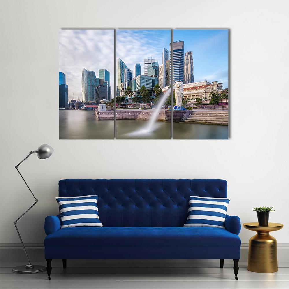 Singapore Skyline And River At Merlion Bay Canvas Wall Art-3 Horizontal-Gallery Wrap-37" x 24"-Tiaracle