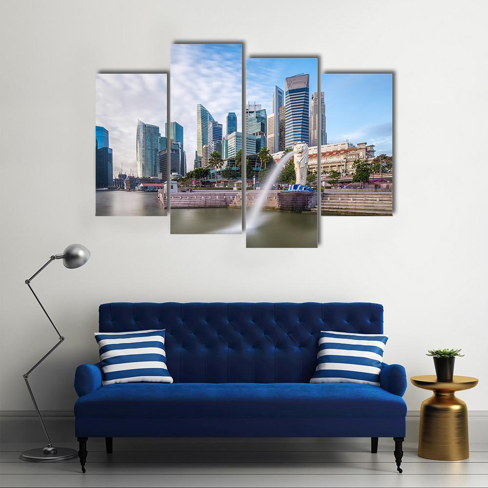 Singapore Skyline And River At Merlion Bay Canvas Wall Art-4 Pop-Gallery Wrap-50" x 32"-Tiaracle