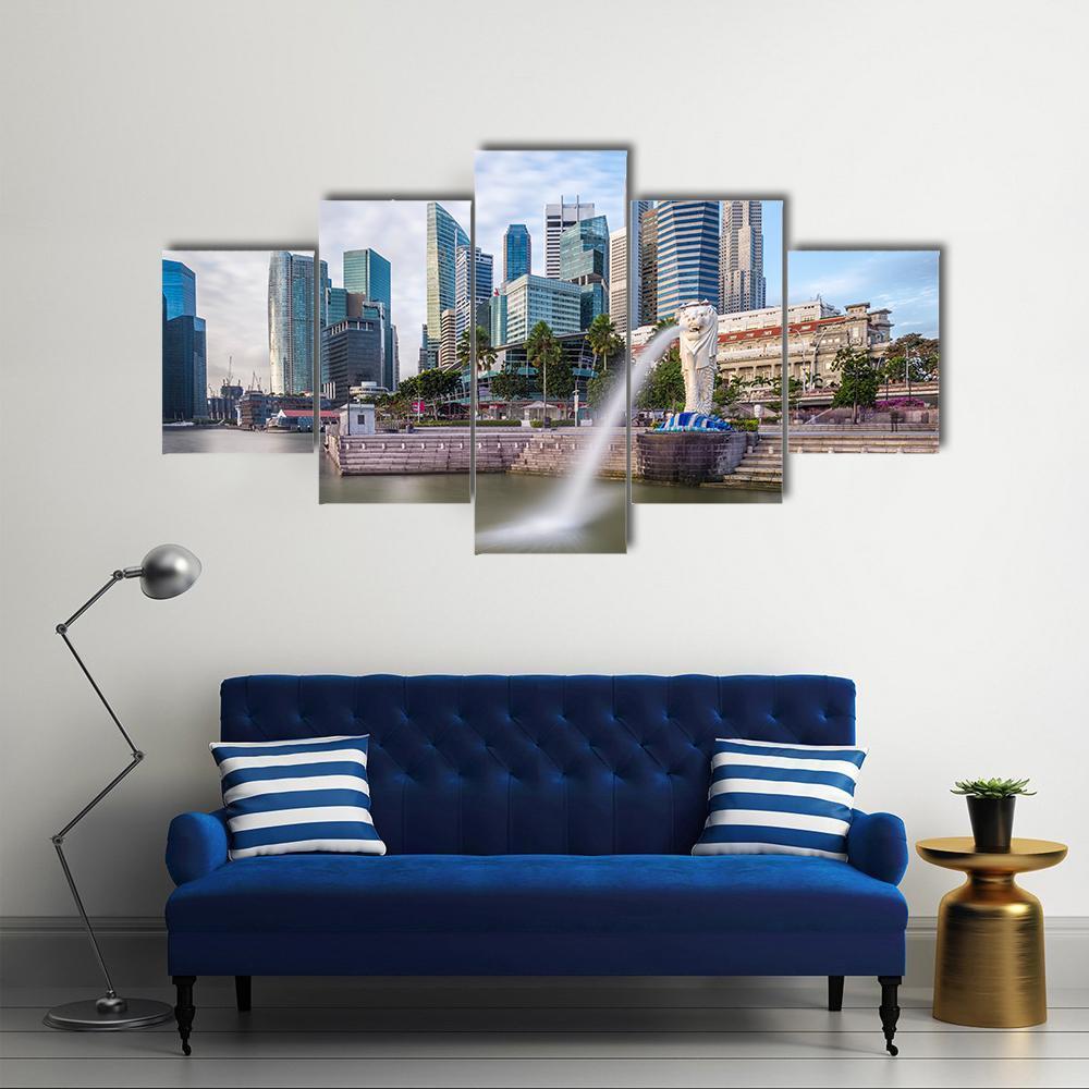 Singapore Skyline And River At Merlion Bay Canvas Wall Art-5 Pop-Gallery Wrap-47" x 32"-Tiaracle