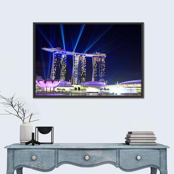 Singapore Skyline At Night Canvas Wall Art-1 Piece-Floating Frame-24" x 16"-Tiaracle