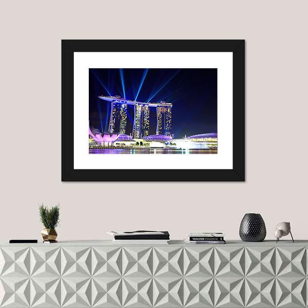 Singapore Skyline At Night Canvas Wall Art-1 Piece-Framed Print-20" x 16"-Tiaracle