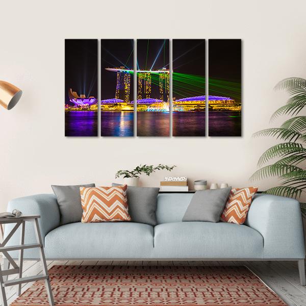 Singapore Skyline At Night Canvas Wall Art-5 Horizontal-Gallery Wrap-22" x 12"-Tiaracle