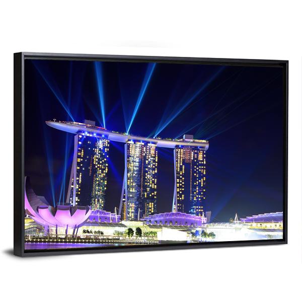 Singapore Skyline At Night Canvas Wall Art-3 Horizontal-Gallery Wrap-25" x 16"-Tiaracle