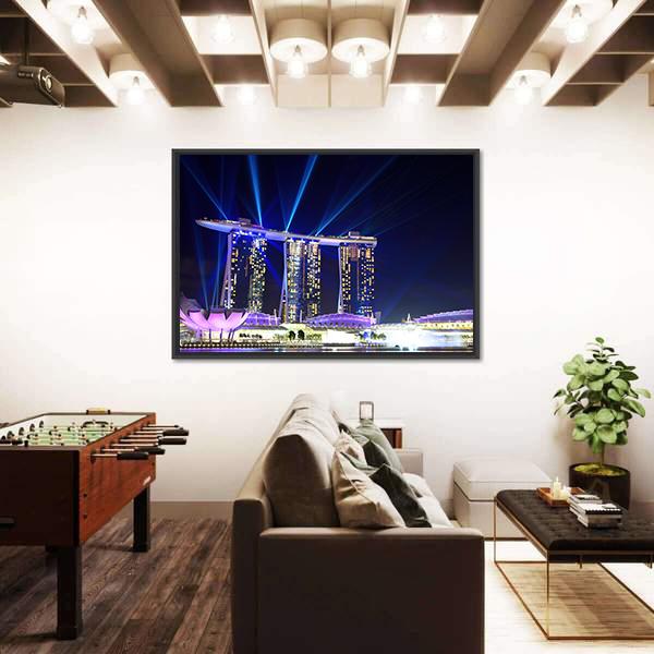 Singapore Skyline At Night Canvas Wall Art-3 Horizontal-Gallery Wrap-25" x 16"-Tiaracle