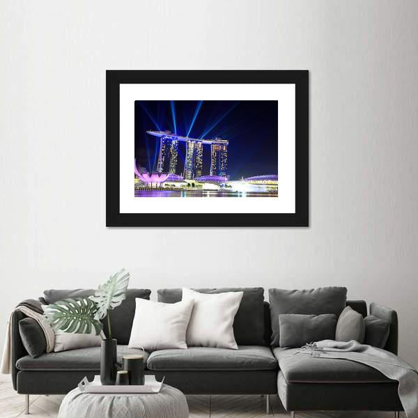 Singapore Skyline At Night Canvas Wall Art-3 Horizontal-Gallery Wrap-25" x 16"-Tiaracle