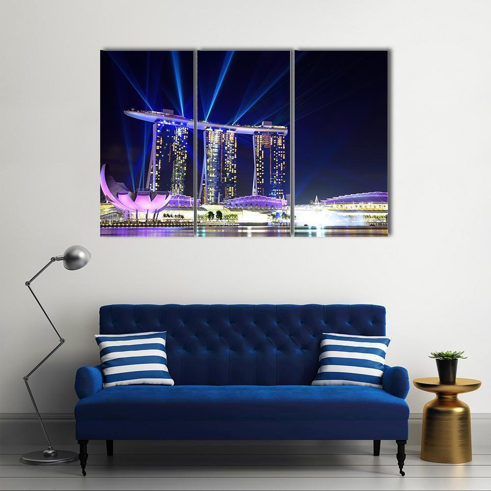 Singapore Skyline At Night Canvas Wall Art-3 Horizontal-Gallery Wrap-37" x 24"-Tiaracle