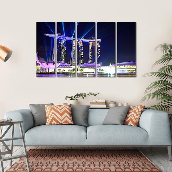Singapore Skyline At Night Canvas Wall Art-5 Horizontal-Gallery Wrap-22" x 12"-Tiaracle