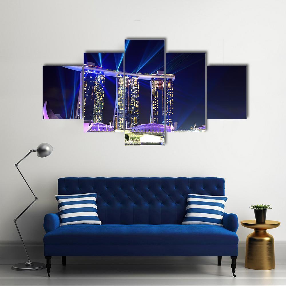 Singapore Skyline At Night Canvas Wall Art-5 Star-Gallery Wrap-62" x 32"-Tiaracle