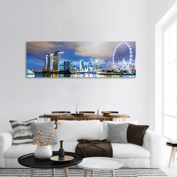 Night View Of Singapore Skyline Panoramic Canvas Wall Art-1 Piece-36" x 12"-Tiaracle