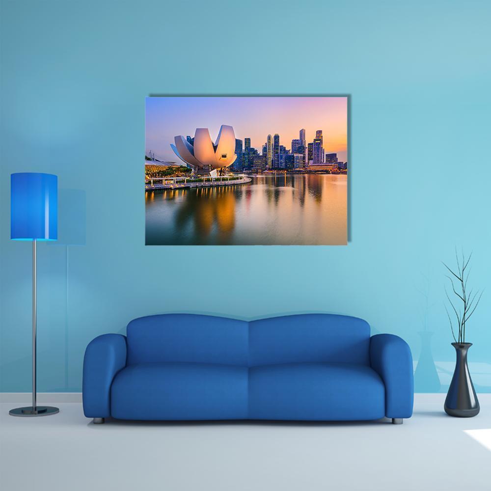 Marina Bay Sands Skyline at Twilight Canvas Wall Art in orange, blue and purple, single panel hung on a wall