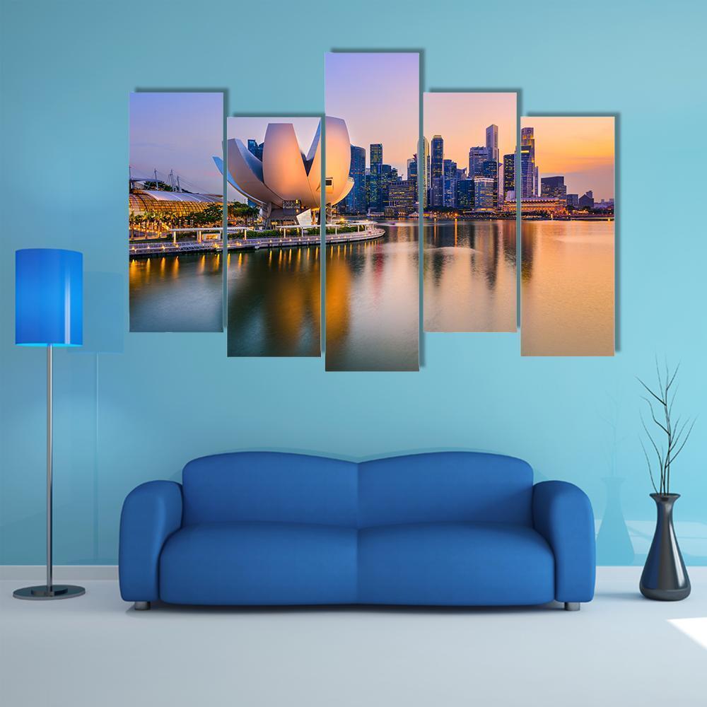 Singapore Skyline At The Marina During Twilight Canvas Wall Art-5 Pop-Gallery Wrap-47" x 32"-Tiaracle