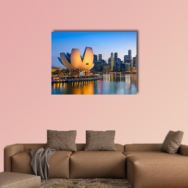 Singapore Marina Skyline at Twilight Canvas Wall Art in gold, yellow and blue, single panel hung on a wall