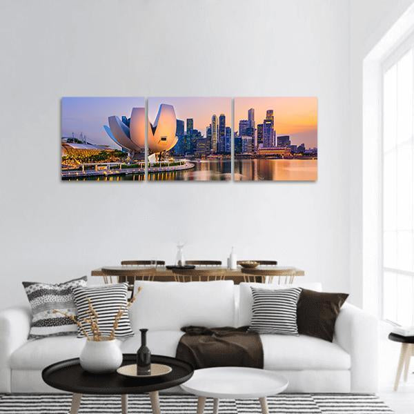 Singapore Skyline At The Marina During Twilight Panoramic Canvas Wall Art-3 Piece-25" x 08"-Tiaracle