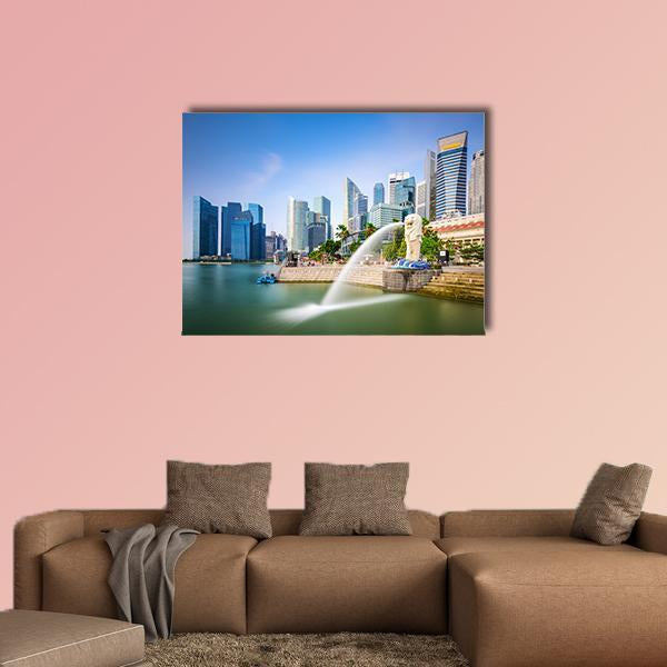 Singapore Skyline at Merlion Fountain Canvas Wall Art in green and blue, single panel hung on a wall