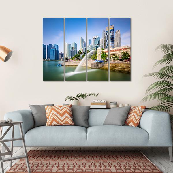 Singapore Skyline At The Merlion Fountain Canvas Wall Art-4 Horizontal-Gallery Wrap-34" x 24"-Tiaracle