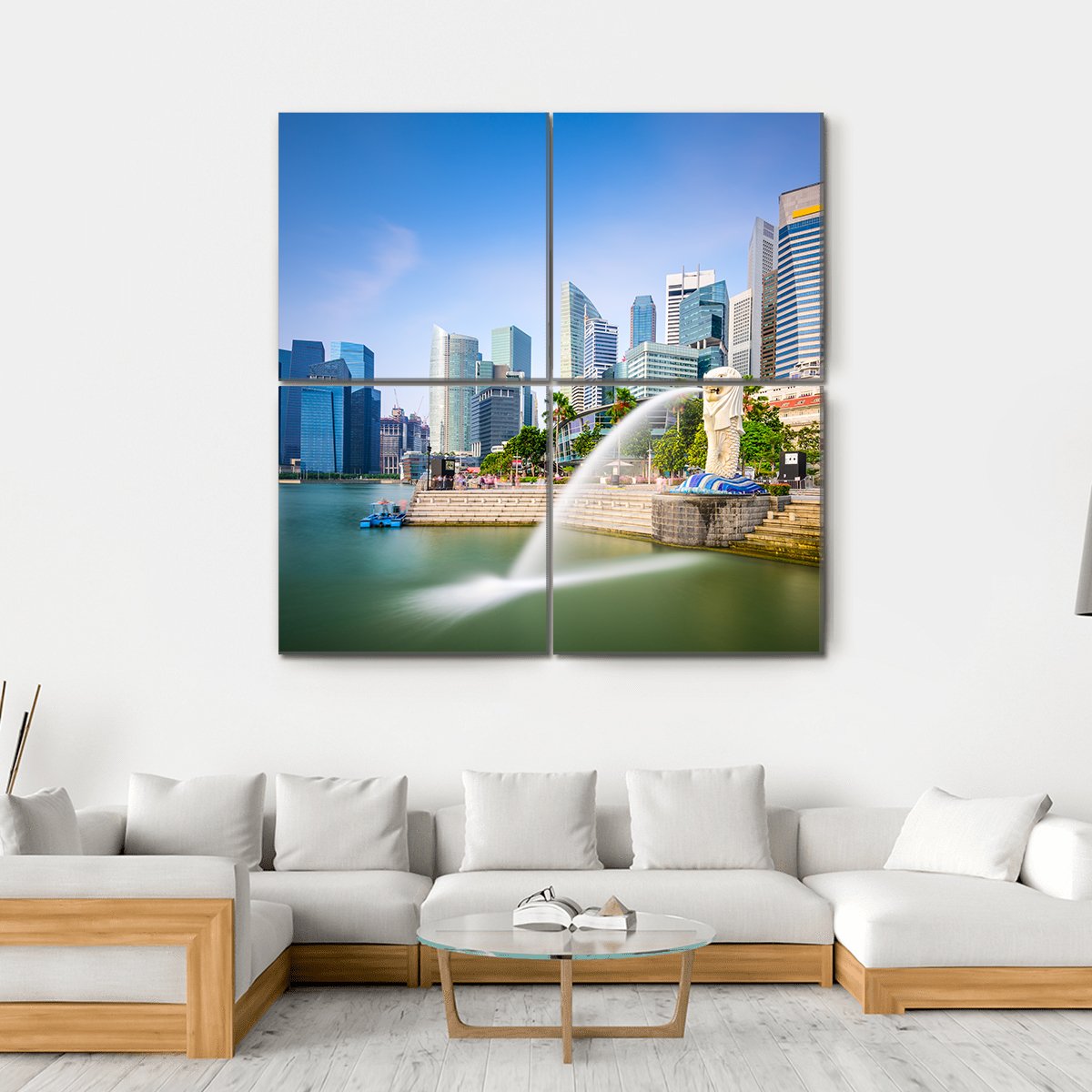 Singapore Skyline At The Merlion Fountain Canvas Wall Art-4 Square-Gallery Wrap-17" x 17"-Tiaracle