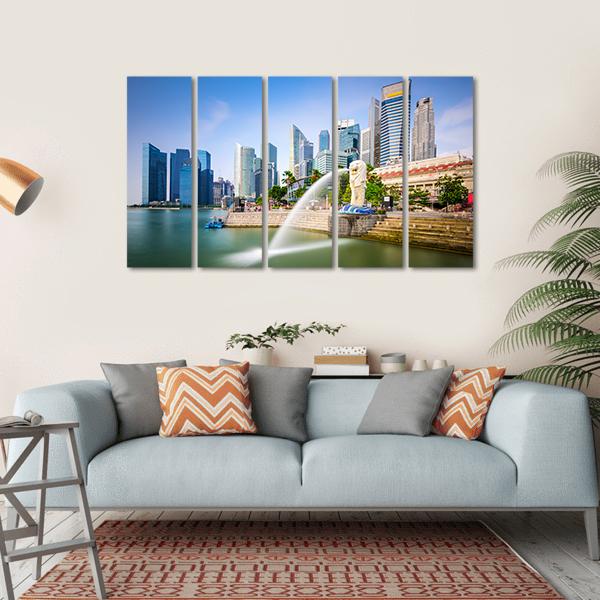 Singapore Skyline At The Merlion Fountain Canvas Wall Art-5 Horizontal-Gallery Wrap-22" x 12"-Tiaracle