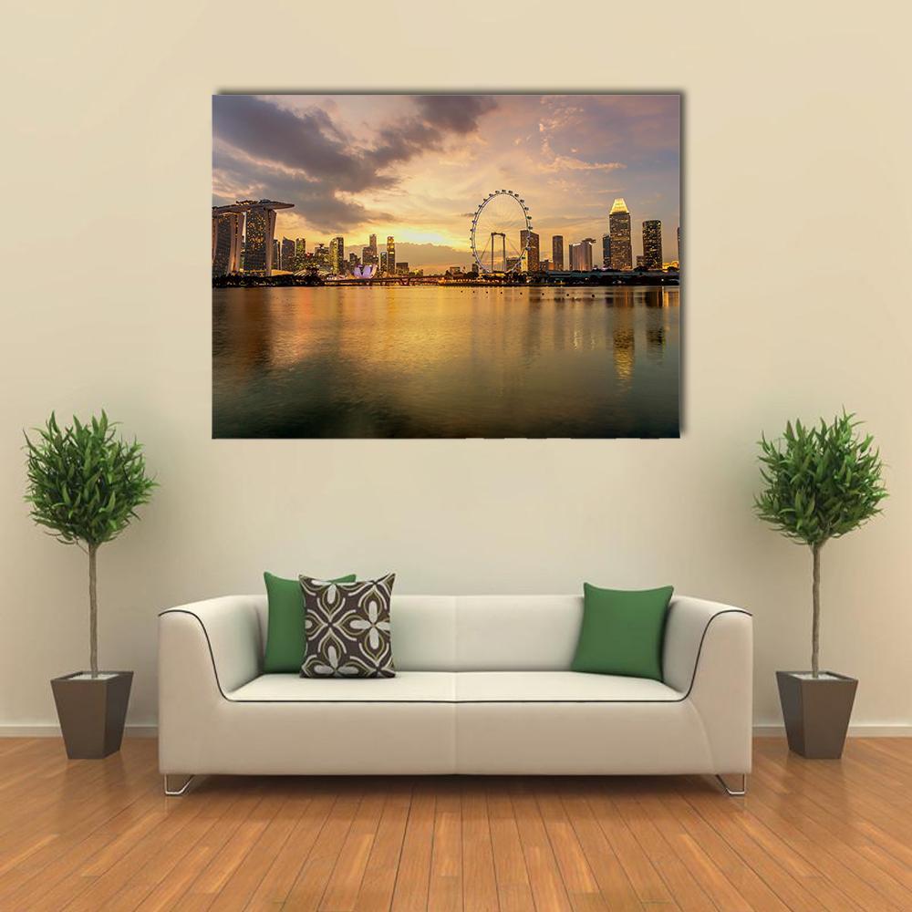 Singapore Skyline at Sunset Canvas Wall Art in gray, orange and yellow, single panel hung on a wall