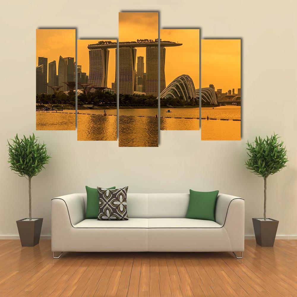 Singapore Skyline Business District Canvas Wall Art-5 Pop-Gallery Wrap-47" x 32"-Tiaracle