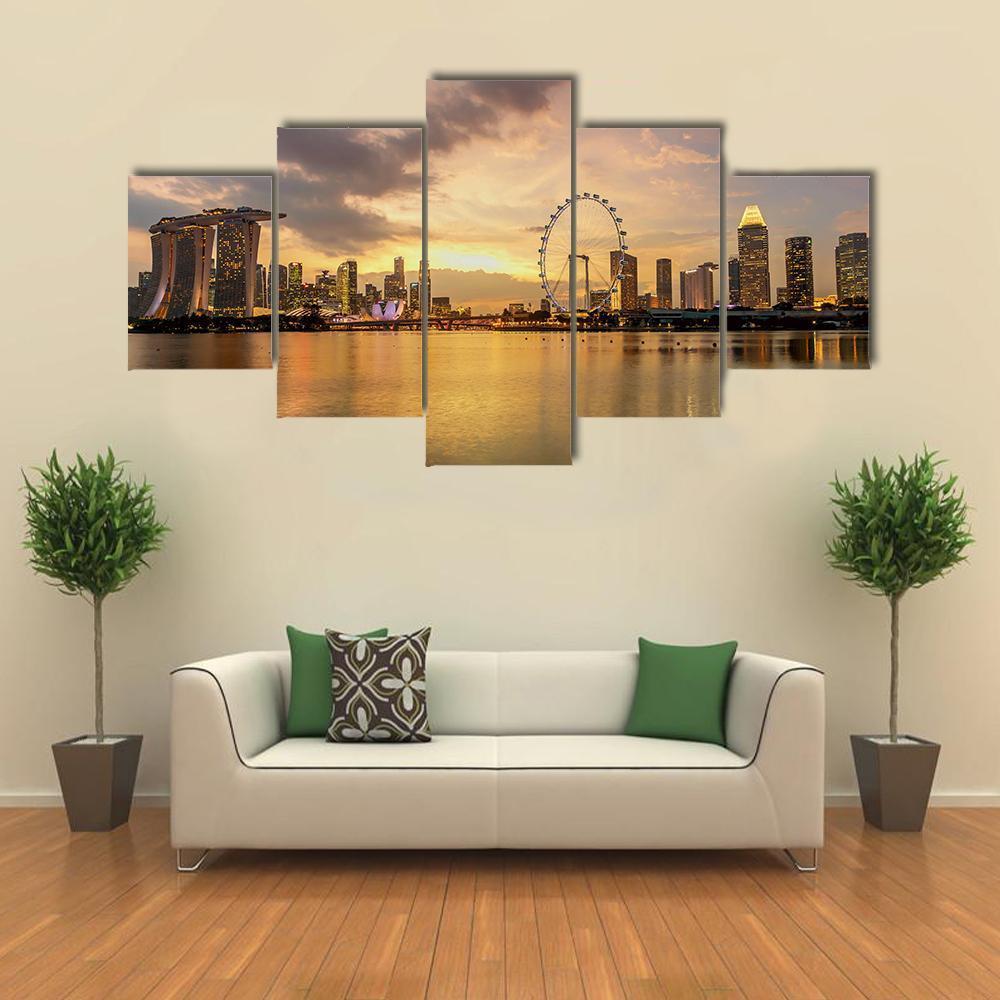 Singapore Skyline Business District Canvas Wall Art-5 Star-Gallery Wrap-62" x 32"-Tiaracle