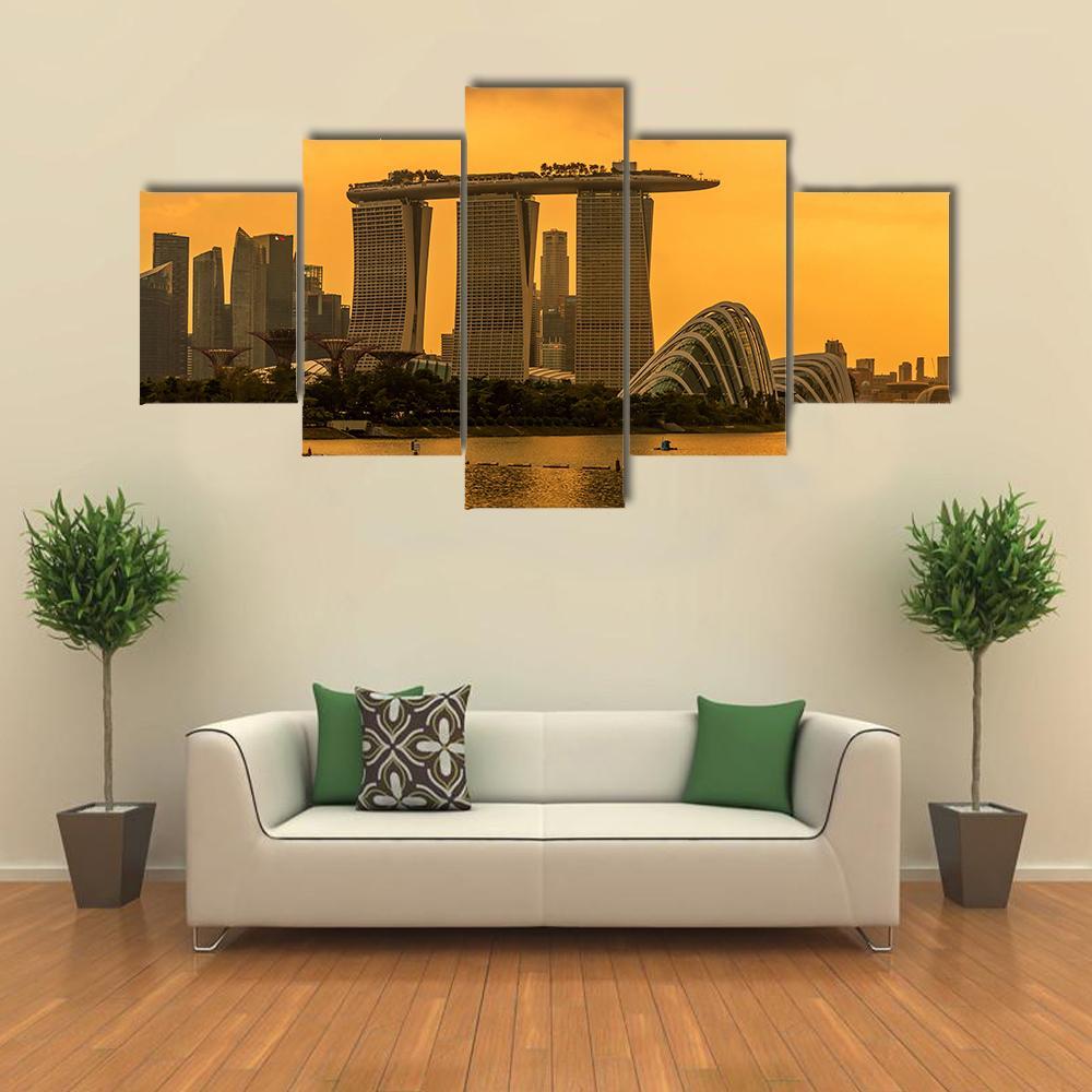 Singapore Skyline Business District Canvas Wall Art-5 Star-Gallery Wrap-62" x 32"-Tiaracle