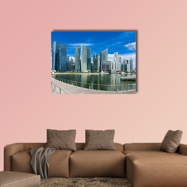 Singapore Marina Bay Business District Skyline Canvas Wall Art in gray and blue, single panel hung on a wall