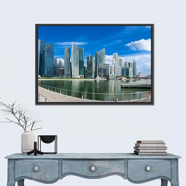 Singapore Skyline Of Business District And Marina Bay Panorama Canvas Wall Art-1 Piece-Floating Frame-24" x 16"-Tiaracle