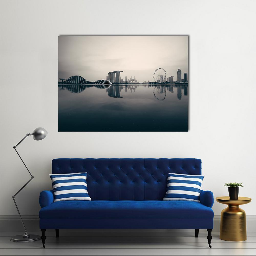 Singapore Skyline with Waterfront Reflection Canvas Wall Art in gray, beige and navy, single panel hung on a wall