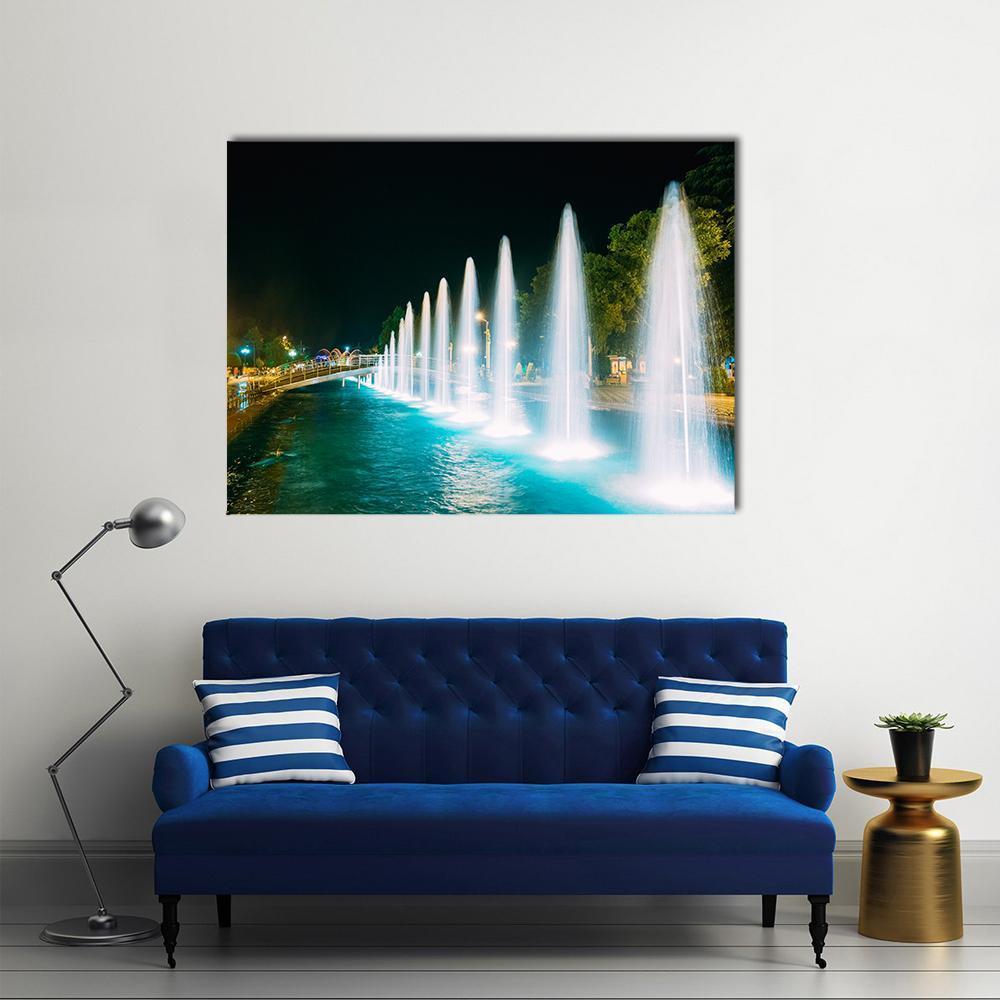 Dancing Fountains in Batumi, Georgia Canvas Wall Art in black, white and blue, single panel hung on a wall