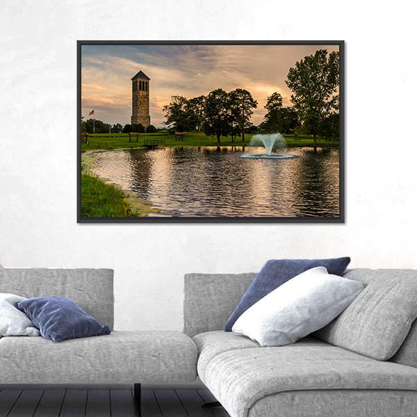 Singing Tower &amp; Pond Canvas Wall Art-1 Piece-Floating Frame-24" x 16"-Tiaracle