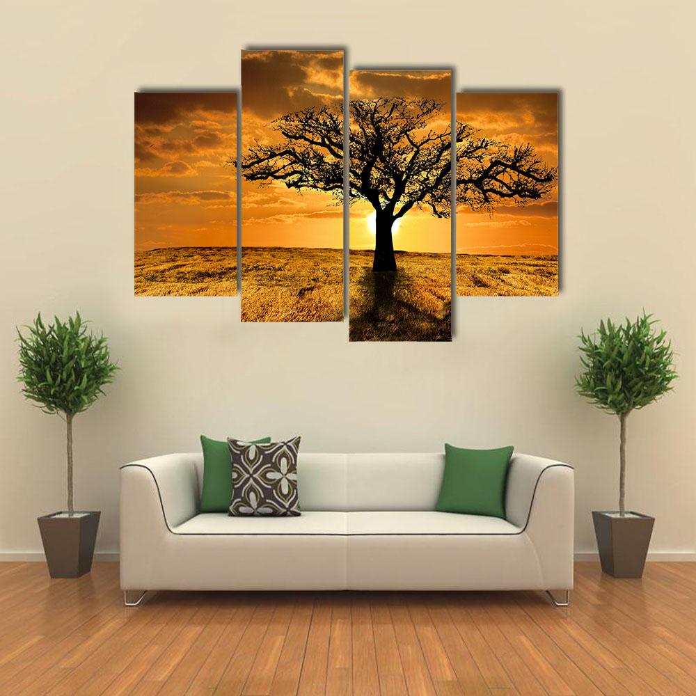 Single Tree Dying During Sunset Canvas Wall Art-4 Pop-Gallery Wrap-34" x 20"-Tiaracle