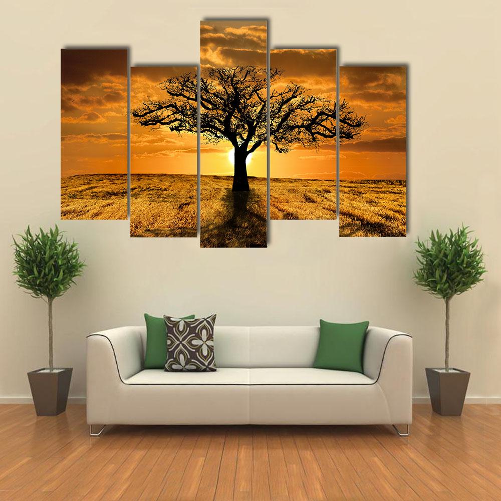 Single Tree Dying During Sunset Canvas Wall Art-5 Pop-Gallery Wrap-32" x 21"-Tiaracle