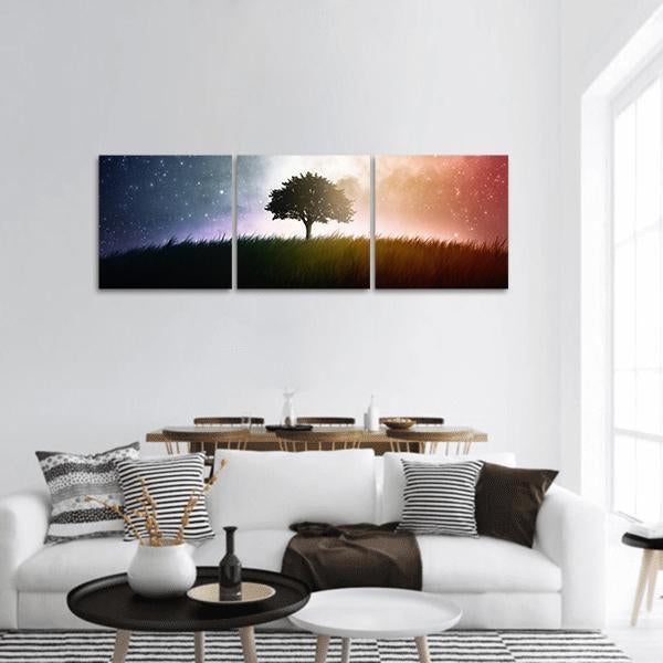 Single Tree In Field Panoramic Canvas Wall Art-3 Piece-25" x 08"-Tiaracle