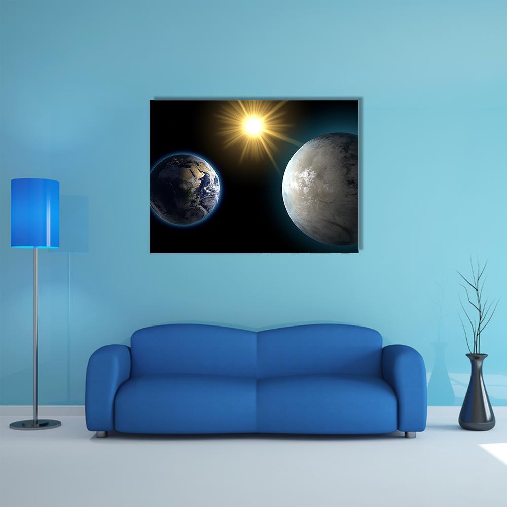 Earth and Sister Planet Comparison Canvas Wall Art in black, yellow and blue, single panel hung on a wall