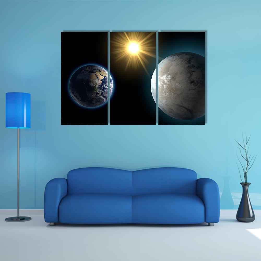 Earth and Moon Comparison Canvas Wall Art in black, gray and blue, 3 panel horizontal set hung on a wall