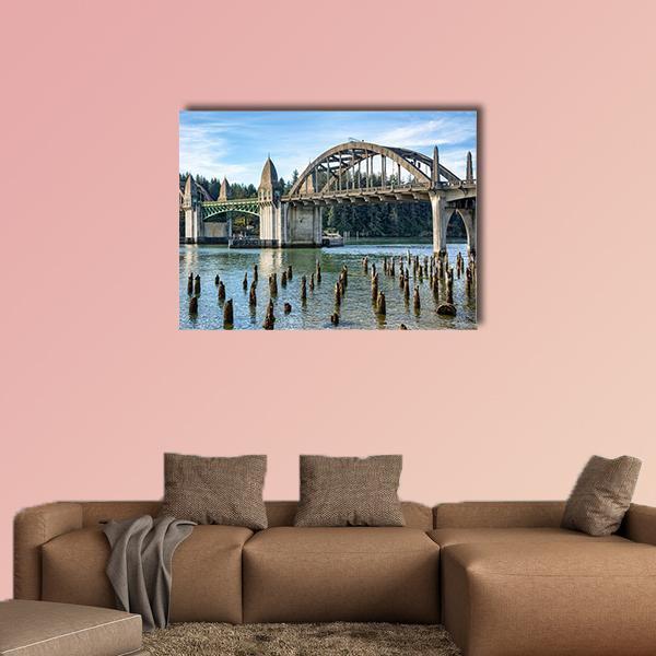 Siuslaw River Bridge in Florence Canvas Wall Art in gray, green and blue, single panel hung on a wall