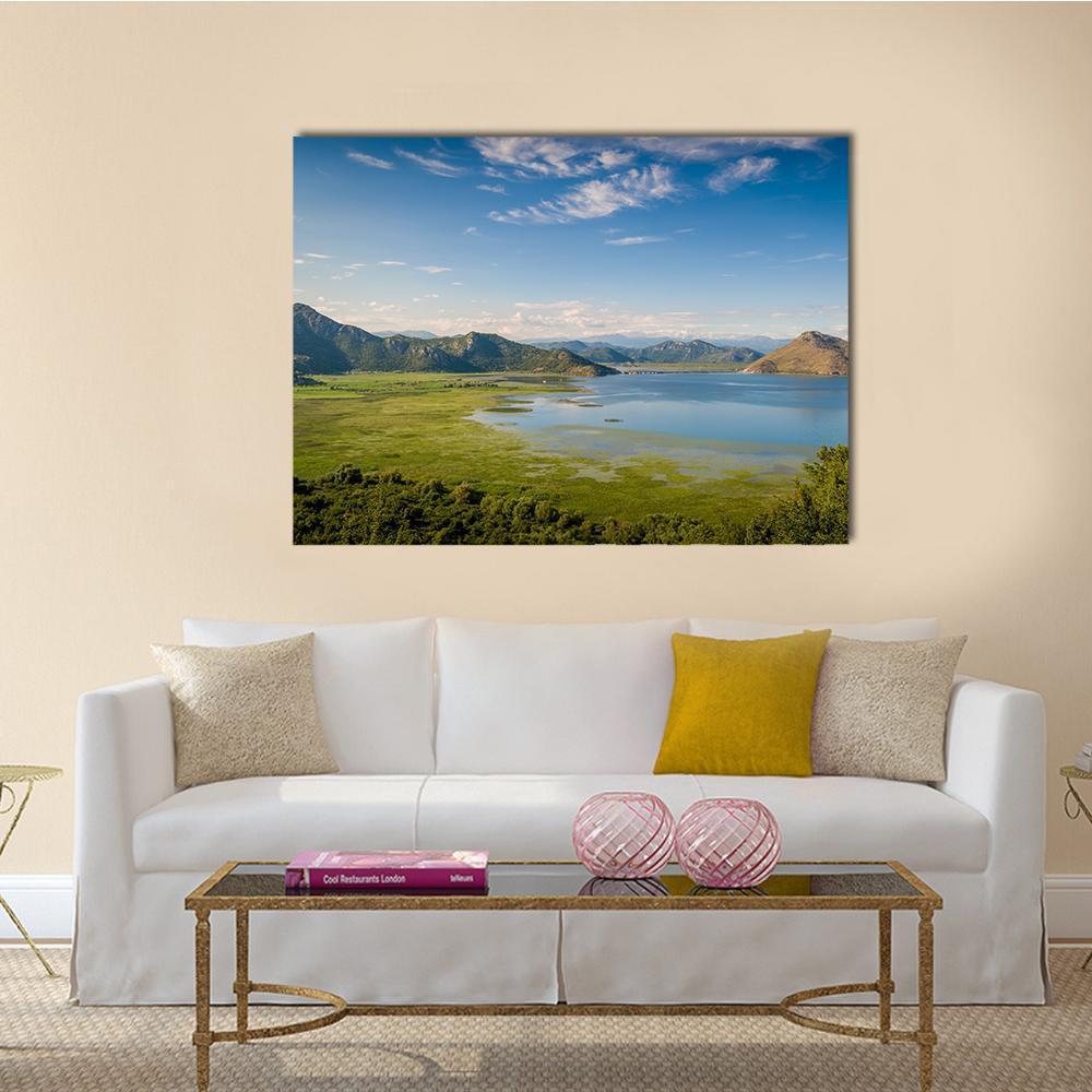 Skadar Lake, Montenegro Landscape Canvas Wall Art in green and blue, single panel hung on a wall