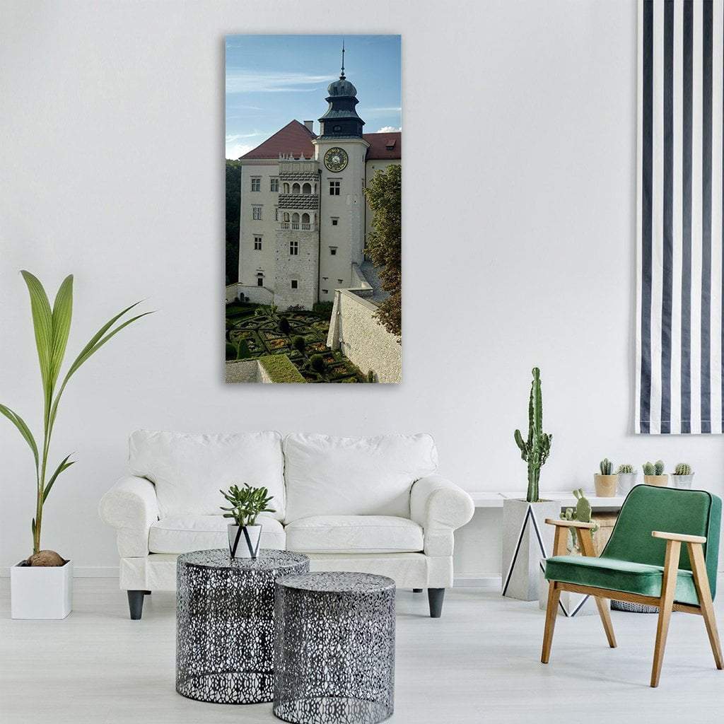 Skala Cracow Castle, Poland Vertical Canvas Wall Art in white, green and blue, single vertical panel hung on a wall