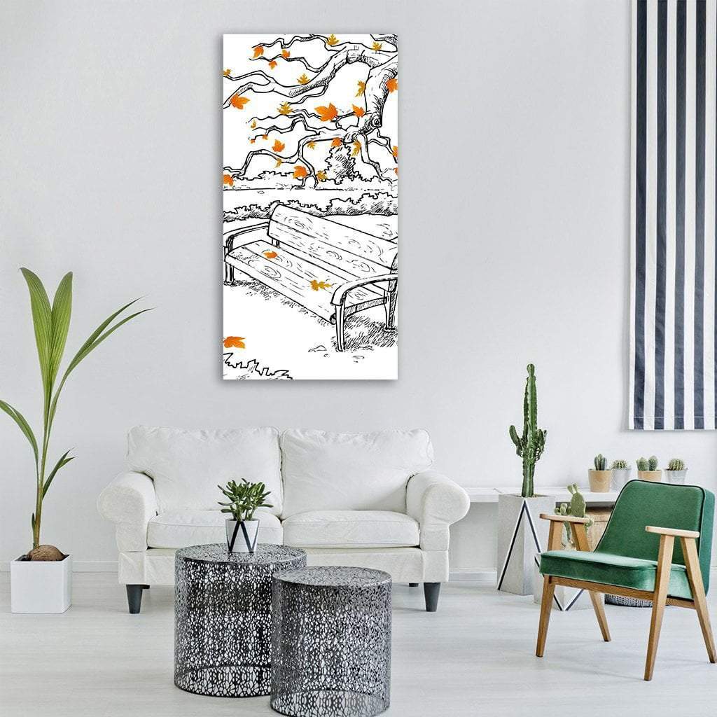 Autumn Park Bench Ink Sketch Vertical Canvas Wall Art in black, white and orange, single vertical panel hung on a wall