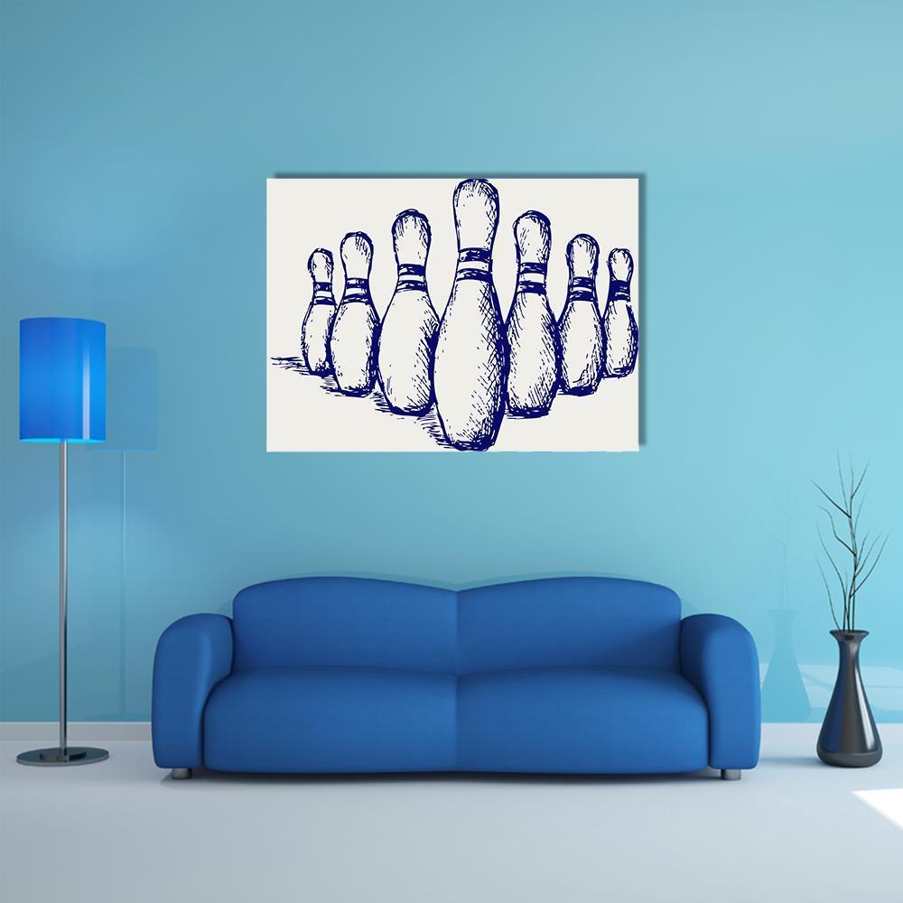 Bowling Pins Sketch Canvas Wall Art in white, blue and navy, single panel hung on a wall