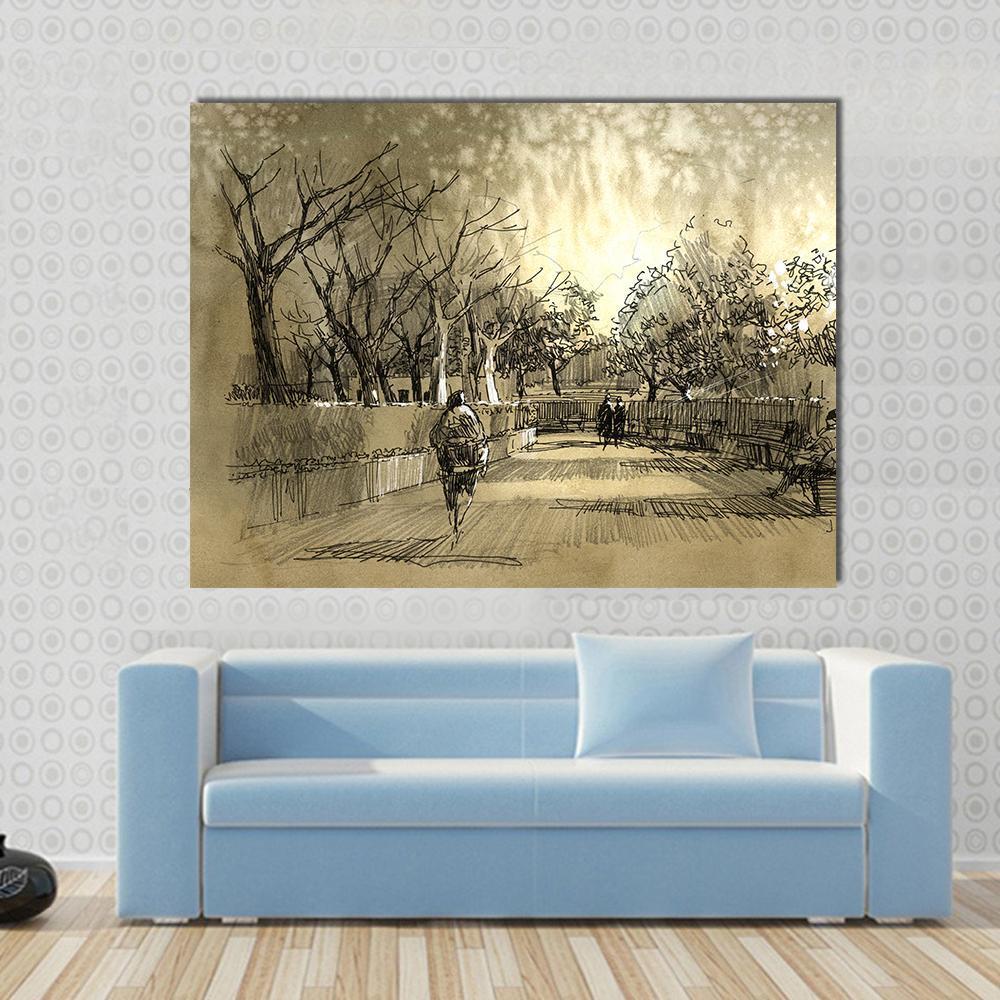 Sketch of City Park Walkway Canvas Wall Art in black, beige and brown, single panel hung on a wall