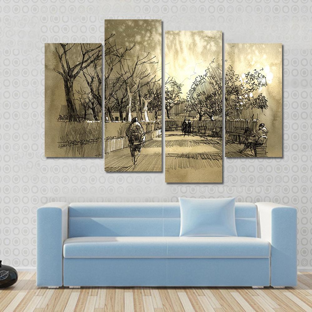 Sketch Of City Park Walkway Canvas Wall Art-4 Pop-Gallery Wrap-50" x 32"-Tiaracle