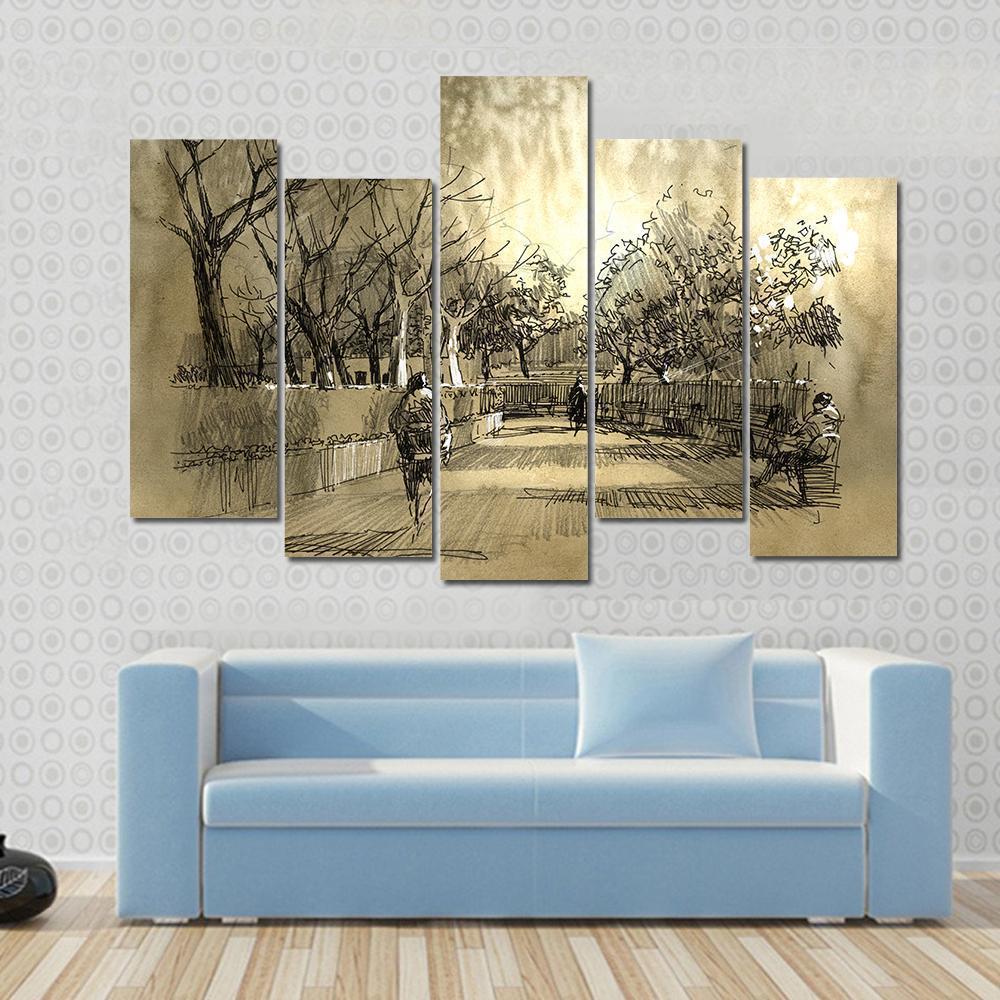 Sketch Of City Park Walkway Canvas Wall Art-5 Pop-Gallery Wrap-47" x 32"-Tiaracle