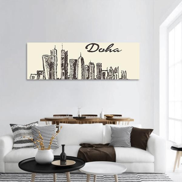 Doha Skyline Sketch Panoramic Canvas Wall Art-1 Piece-36" x 12"-Tiaracle