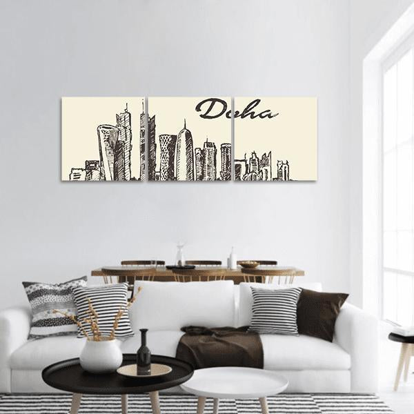 Doha Skyline Sketch Panoramic Canvas Wall Art in black and beige, hung on a wall