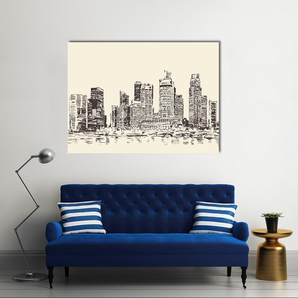 City Skyline Sketch with Waterfront Reflection Canvas Wall Art in black and beige, single panel hung on a wall