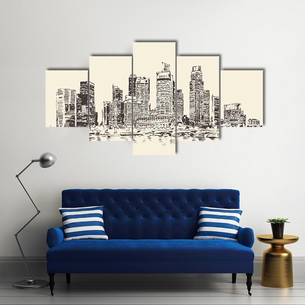 Sketch Of Singapore City Canvas Wall Art-5 Star-Gallery Wrap-62" x 32"-Tiaracle