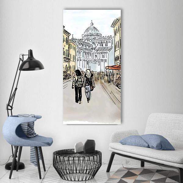 Pisa Street Sketch Vertical Canvas Wall Art in black, white and beige, single vertical panel hung on a wall