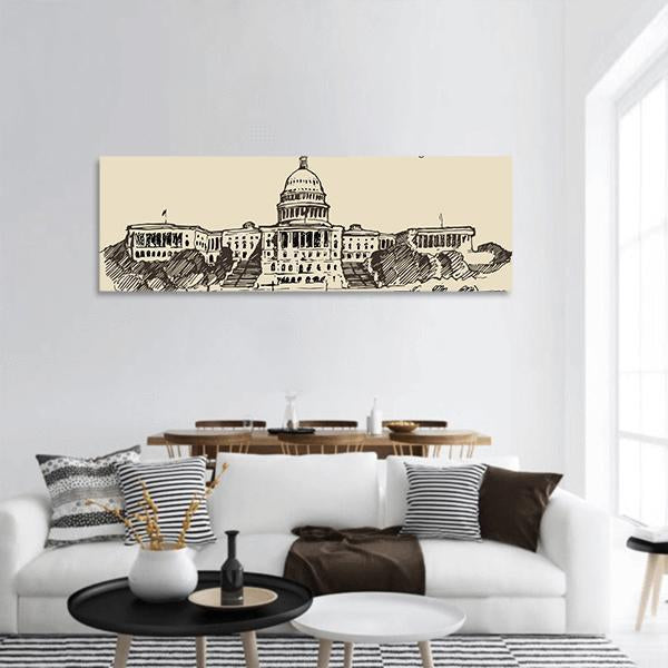 Sketch Of United States Capital Panoramic Canvas Wall Art-1 Piece-36" x 12"-Tiaracle